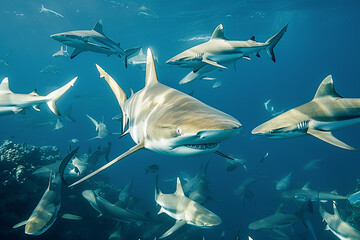 Black tip sharks (Carcharhinus limbatus) circling divers in the Indian Ocean
 - obrazy, fototapety, plakaty