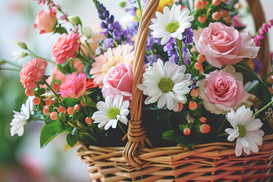 Fragment of flower bouquet arrangement centerpiece in a wicker gift basket
