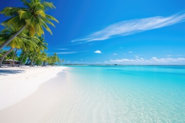 Naklejka premium Beautiful tropical beach with few palm trees and blue lagoon Amazing white beaches of Mauritius island, AI generated