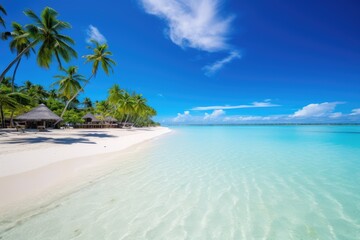 Fototapeta na wymiar Beautiful tropical beach with few palm trees and blue lagoon Amazing white beaches of Mauritius island, AI generated