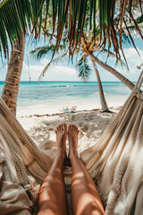 Beach Caribbean travel holiday vacation woman feet selfie lying down relaxing on hammock outside sunbathing