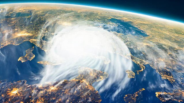 Satellite image of the first hurricane also called tornado or typhoon in Europe seen from above space. Satellite view. Natural disasters in towns caused by climate change. AI-generated.