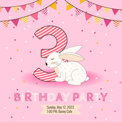 3 Birthday party invitation with cute baby bunny