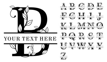 Leaves Split Alphabet Monogram Letters A-Z, Split Letter, Split Font	 - 773196941