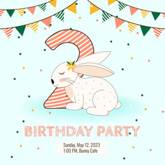 2 Birthday party invitation with cute baby bunny