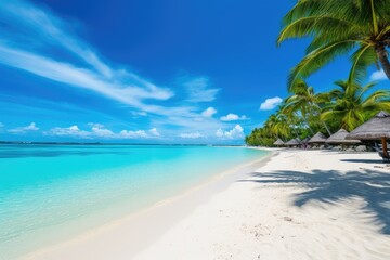 Fototapeta premium Beautiful tropical beach with few palm trees and blue lagoon Amazing white beaches of Mauritius island, AI generated