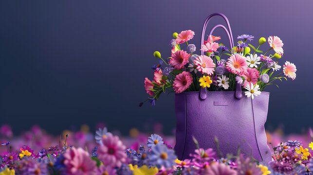 Purple leather bag with colorful spring flowers on purple background with copy space AI generated