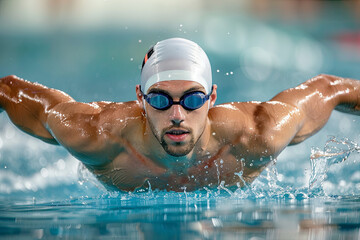 Swimming man. Male Swimmer athlete doing butterfly swim stroke. Male sport fitness man wearing swimming goggles and swim cap training hard in outdoor pool