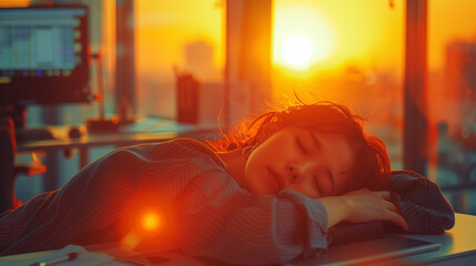 Finding solace amidst her cluttered work desk, a young Asian woman embraces a serene moment of rest, gracefully surrendering to sleep and momentarily escaping the pressures of corporate life. - obrazy, fototapety, plakaty