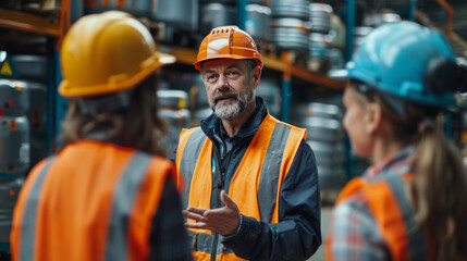 An engaging senior factory manager explains procedures to attentive new workers on the factory floor.