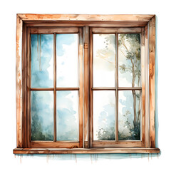 watercolor drawing of a window in bloom on a white and transparent background, vintage window.