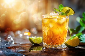 Mai Tai tropical cocktail with Rum, Lime, Mint garnish, orange liqueur, Amaretto syrup, almonds - obrazy, fototapety, plakaty