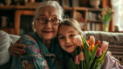 A grandmother and her granddaughter are sitting on a couch together. The grandmother is smiling and has her arm around the granddaughter, who is also smiling. They are both looking at the camera. - Powered by Adobe