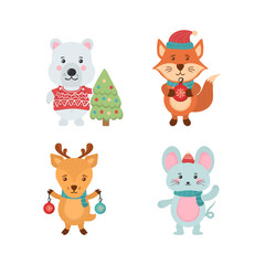 Holidays cartoon character in flat design. Greeting flyers. Hand drawn card, banner with Christmas cute animals and snowmen in Santa Claus hats, sweaters, lights. Vector illustration