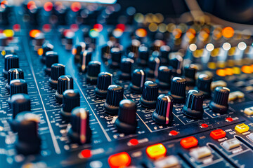 An array of rotary controls, sliders, and buttons on audio mixing console - obrazy, fototapety, plakaty