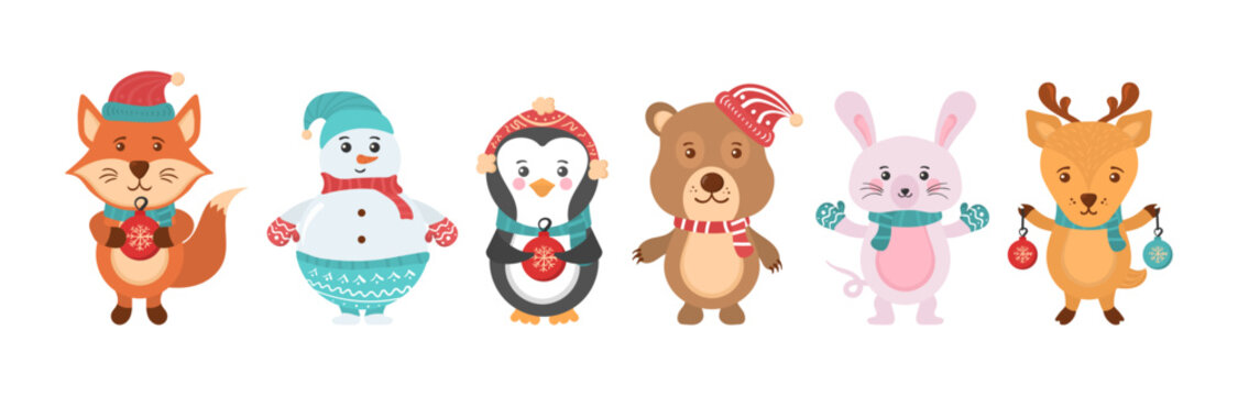 Holidays cartoon character in flat design. Greeting flyers. Hand drawn card, banner with Christmas cute animals and snowmen in Santa Claus hats, sweaters, lights. Vector illustration