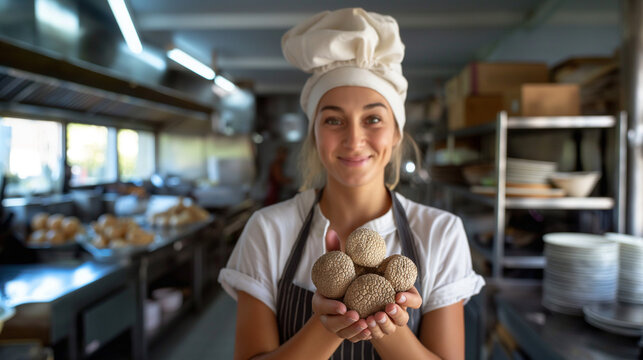 Chef holding Tuber magnatum white truffles with a smile in a professional kitchen.