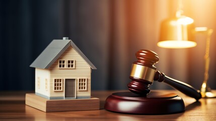 A judge's gavel sits on a wooden surface next to a house - obrazy, fototapety, plakaty