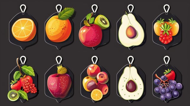 A set of labels for fruits and berries on a black background. Labels with drawings of fruits. A template for your product. Illustration