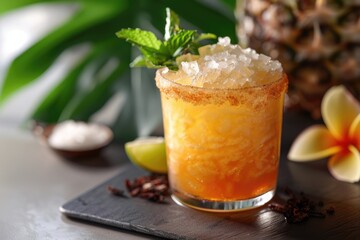 Mai Tai tropical cocktail with Rum, Lime, Mint garnish, orange liqueur, Amaretto syrup, almonds