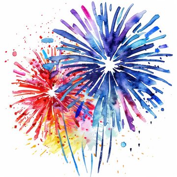 Clipart of a fireworks display in watercolor bursts of color lighting up the night sky