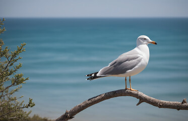 Obraz premium A seagull perching on a branch, looking at the tranquil sea