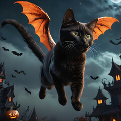 halloween background with cat and bats