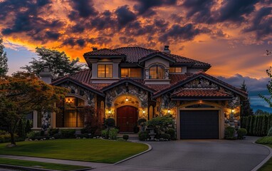 Golden Hour Glory, HD Snapshot of a Beautiful Home Exterior,HD Capture of a Home's Exterior Beauty, Sunset Serenity Generative Ai
