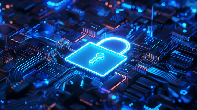 A luminous neon-blue lock symbol in a dark AI integrated circuit board hi-tech background. cyber security, data protection, Isometric protection, system Information privacy, and safety key.