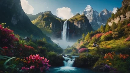 Gardinen Fantastic summer landscape with waterfall and flowers. © ASGraphics