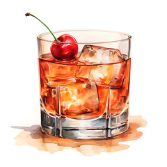 Watercolor illustration of a glass of cola with ice isolated on white and transparent background. Generative AI 