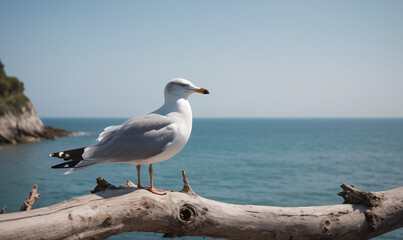 Fototapeta na wymiar A seagull perching on a branch, looking at the tranquil sea