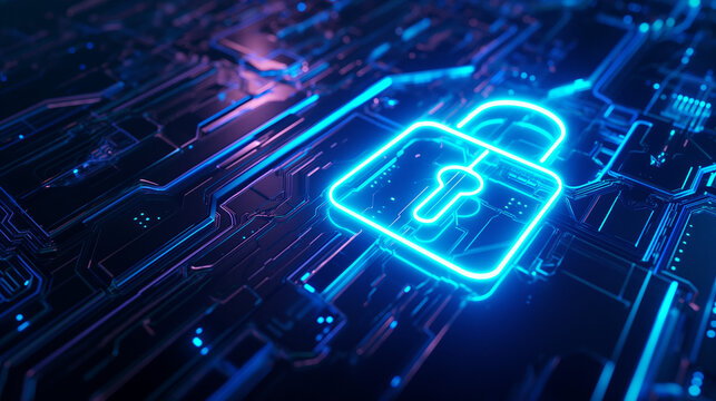 A luminous neon-blue lock symbol in a dark AI integrated circuit board hi-tech background. cyber security, data protection, Isometric protection, system Information privacy, and safety key.