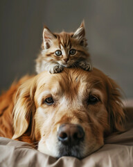 Best friends , a small young cute baby cat lies on the head of a Golden Retriever.