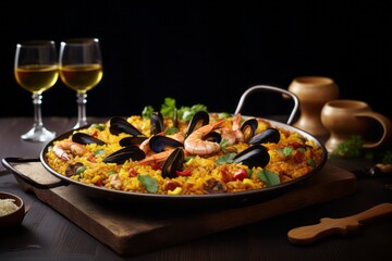 Refined paella on a wooden board against a granite background