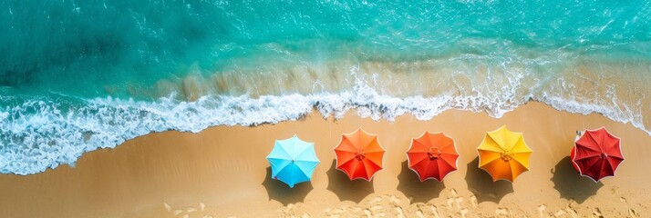 Electric blue umbrellas on sandy beach by ocean, creating colorful art. Generative AI