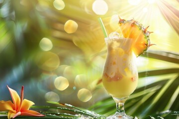 Tropical pina colada cocktail or mocktail with rum, coconut and pineapple - obrazy, fototapety, plakaty