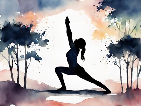 Woman in yoga pose with trees background, silhouette watercolor painting style illustration