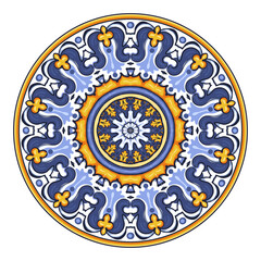 Vector decorative circular pattern in yellowish, navy blue and white design with frame or border. Baroque Vector mosaic.  - 773200103