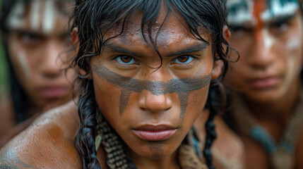 Intense Gaze of Young Indigenous Warriors with Traditional Face Paint - obrazy, fototapety, plakaty