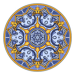 Vector decorative circular pattern in yellowish, navy blue and white design with frame or border. Baroque Vector mosaic.  - 773200170
