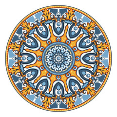 Vector decorative circular pattern in yellowish, navy blue and white design with frame or border. Baroque Vector mosaic.  - 773200183