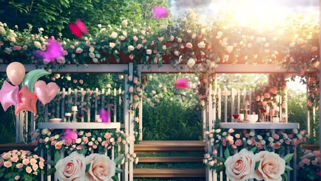 Sunlit spacious wedding venue adorned with beautiful flowers in an open area. Mesmerizing looping animation.