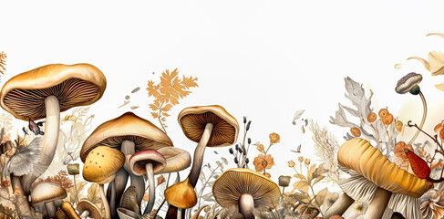 A row of mushrooms are shown in a field of grass. - obrazy, fototapety, plakaty