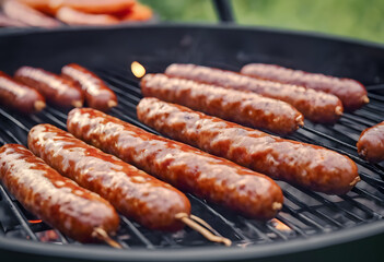 Juicy sausages grilling on a barbecue, with a flame licking one sausage.