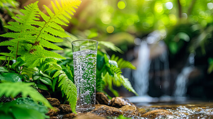 Pure, transparent water fills a pristine glass, inviting refreshment and nourishment. - obrazy, fototapety, plakaty
