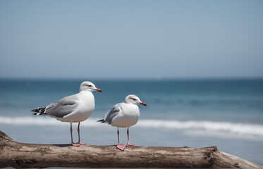 Fototapeta premium A seagull perching on a branch, looking at the tranquil sea