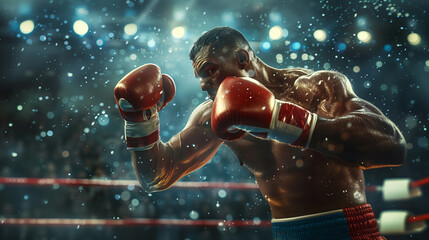 An intense boxer with focused eyes, guarding his face with red gloves, beads of sweat and determination visible.