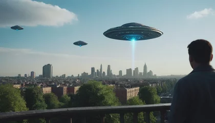 Foto op Canvas alien invasions. World UFO Day. aliens among humans. The arrival of an alien ship to earth. people noticed UFOs in their city. flying saucer in the city © Vladislav