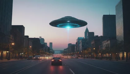 Behangcirkel alien invasions. World UFO Day. aliens among humans. The arrival of an alien ship to earth. people noticed UFOs in their city. flying saucer in the city © Vladislav